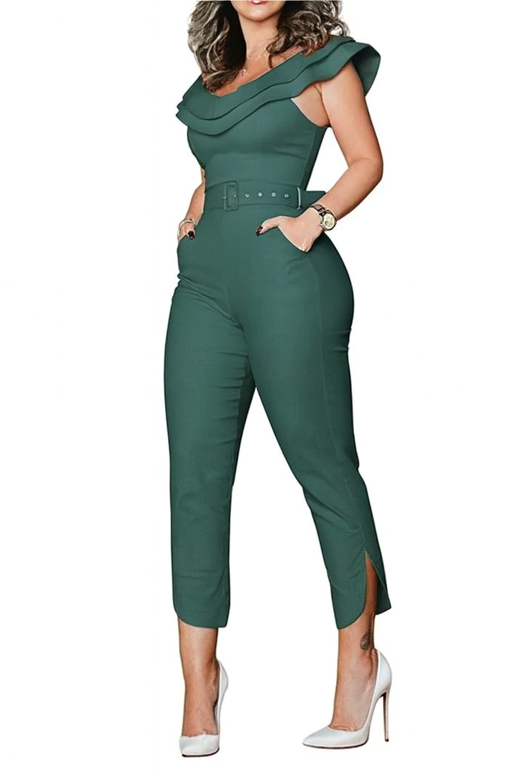 Chic Ruffle Neck Belted Jumpsuit
