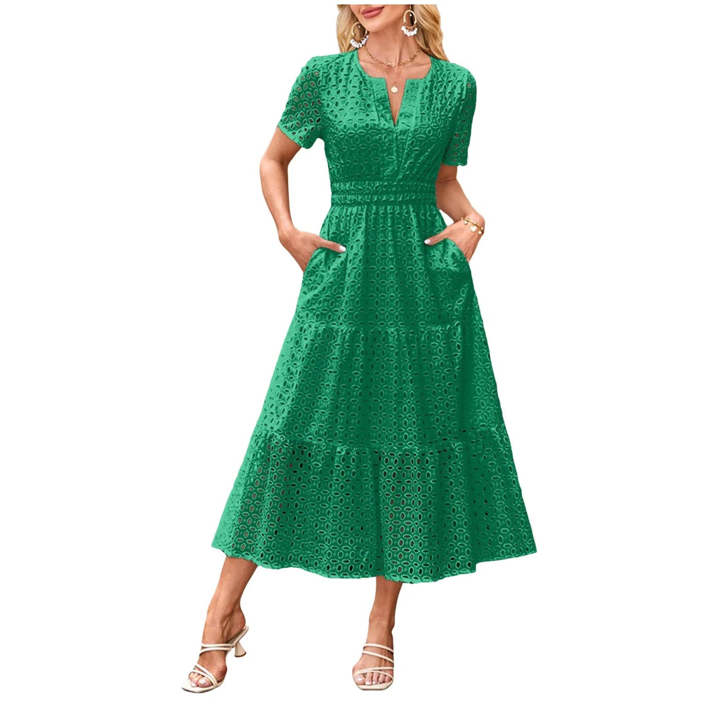 Blush Eyelet Lace Midi Dress with Pockets