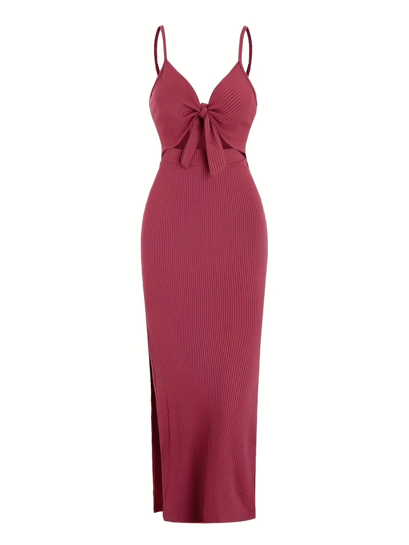Chic Ribbed Bodycon Midi Dress with Front Knot and Side Slit