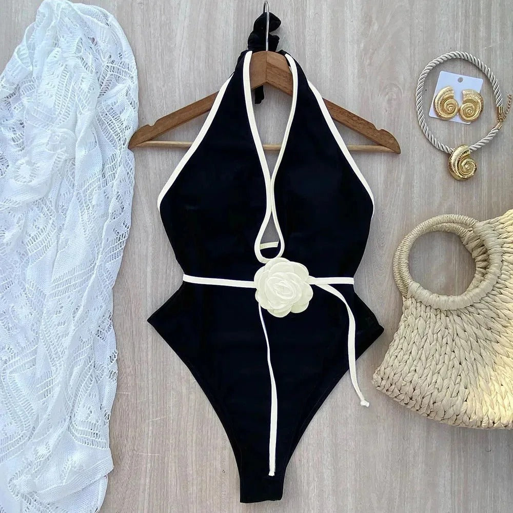 Midnight Bloom Halter One-Piece Swimsuit