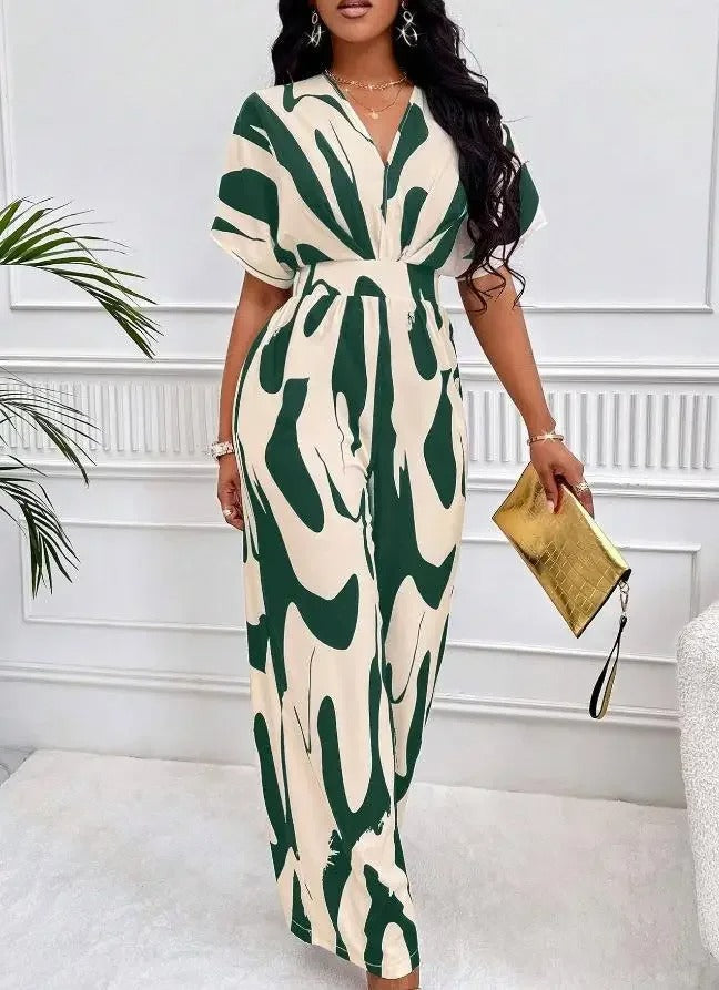 Chic V-Neck Abstract Pattern Jumpsuit