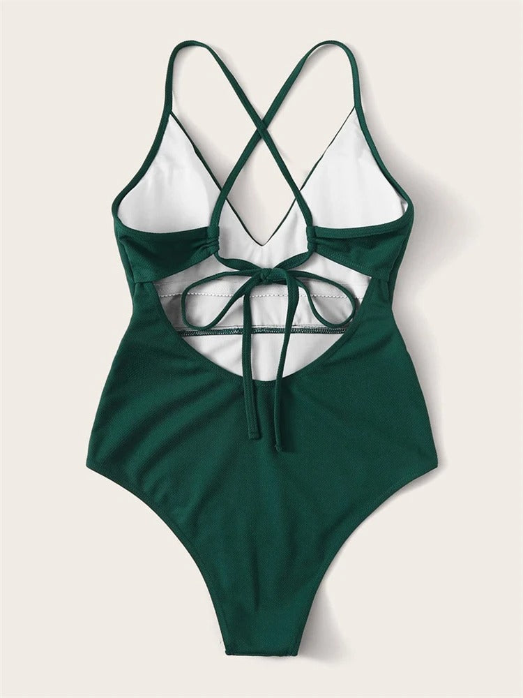 Emerald Elegance One-Piece Swimsuit β Deep V Crisscross