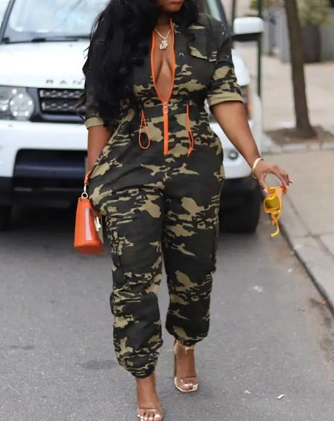 Bold Camo Chic Zip-Up Jumpsuit
