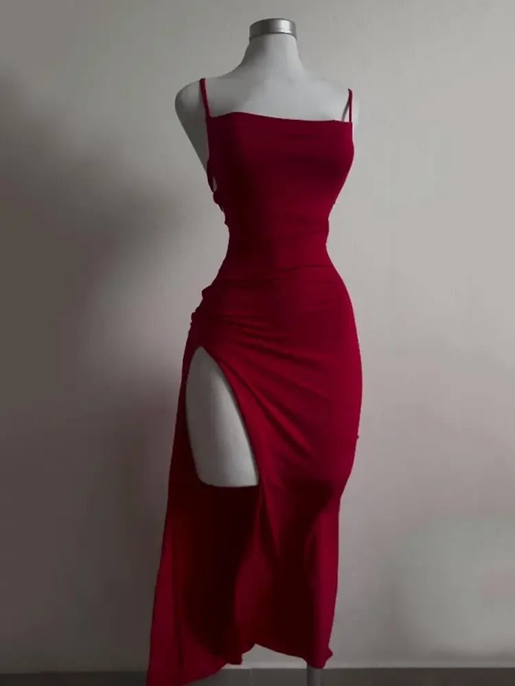 Crimson Seduction Backless Slit Dres