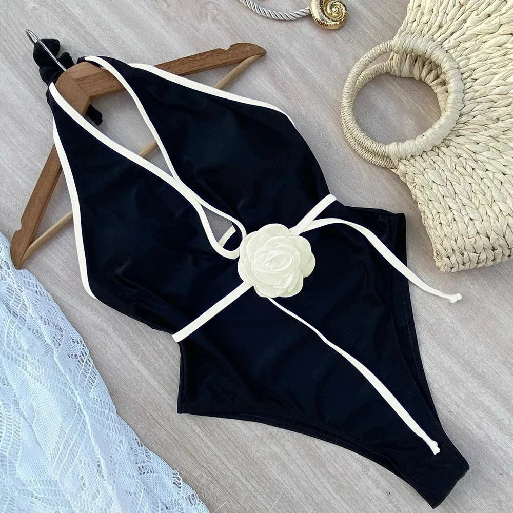 Midnight Bloom Halter One-Piece Swimsuit