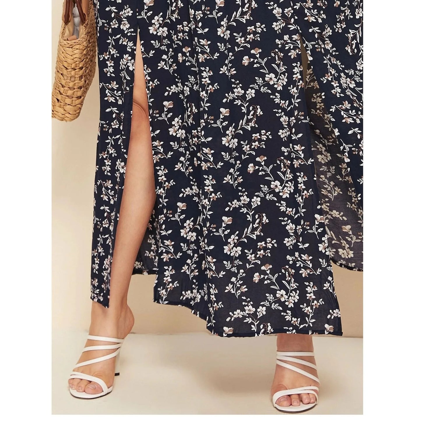 Off-Shoulder Boho Maxi Dress with Side Slit – Floral Print Summer Dress for Women