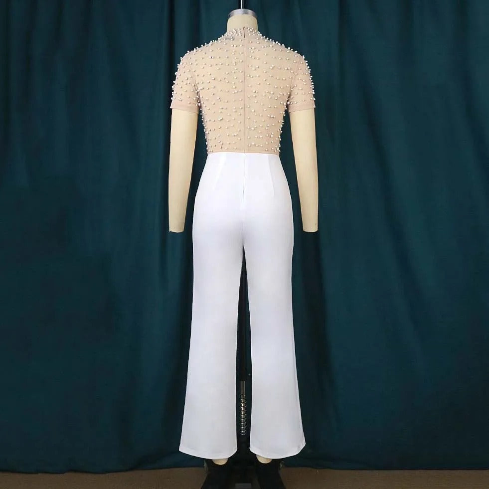 Pearl-Embellished Top & White Wide-Leg Pants