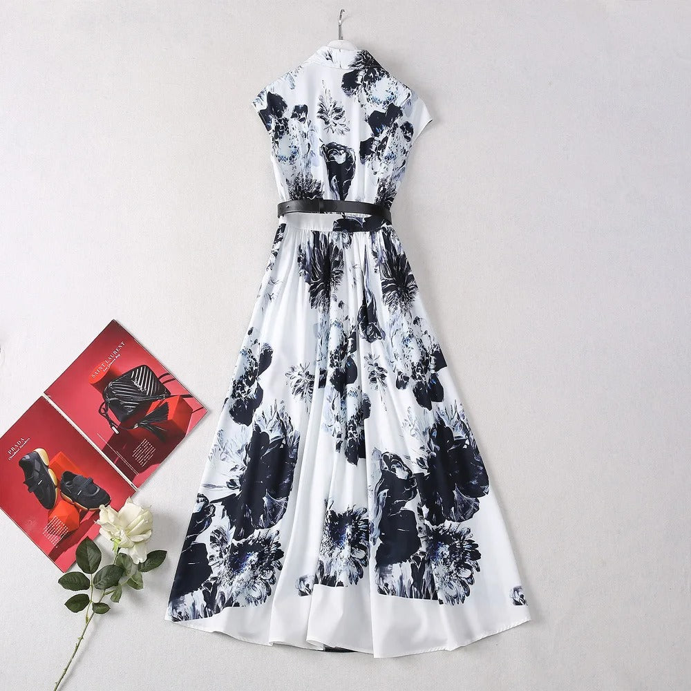 Midnight Blossom Belted Shirt Dress