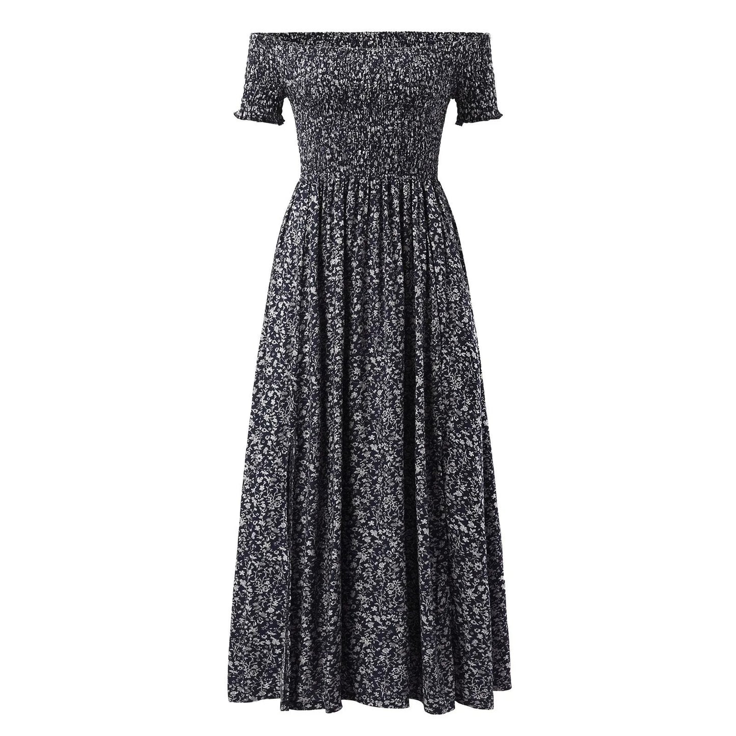 Off-Shoulder Boho Maxi Dress with Side Slit – Floral Print Summer Dress for Women
