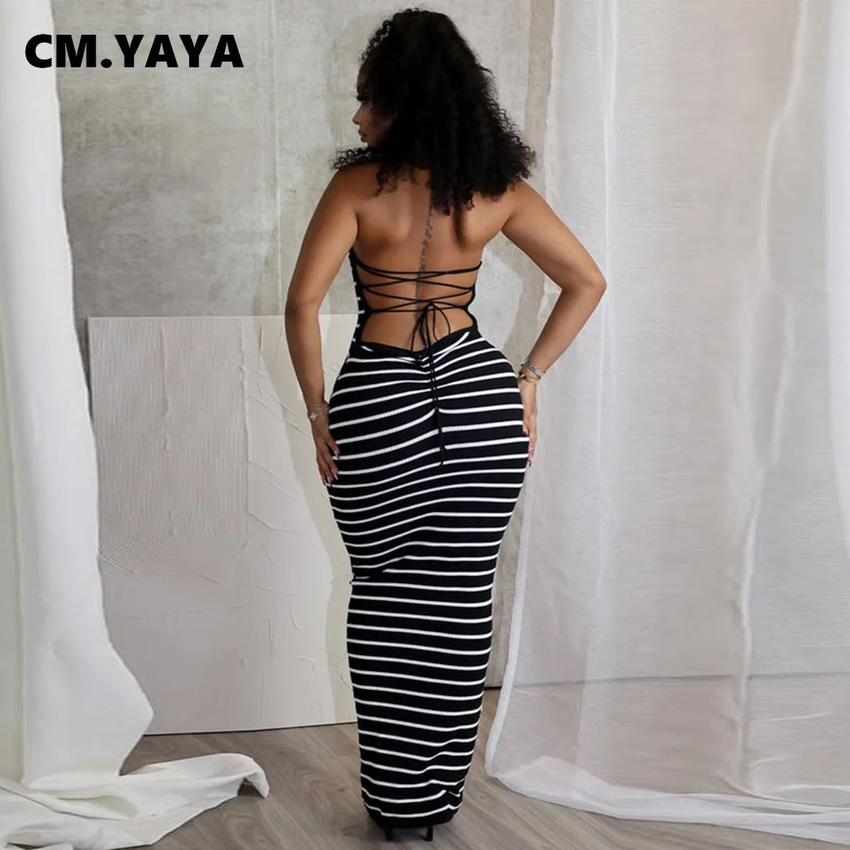 Black and White Striped Halter Neck Bodycon Maxi Dress β Sleeveless Slim Fit Evening