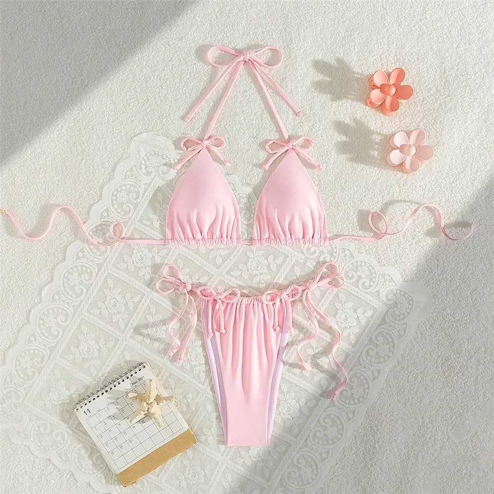 Cotton Candy Dream – Pink Ruched Triangle Bikini Set