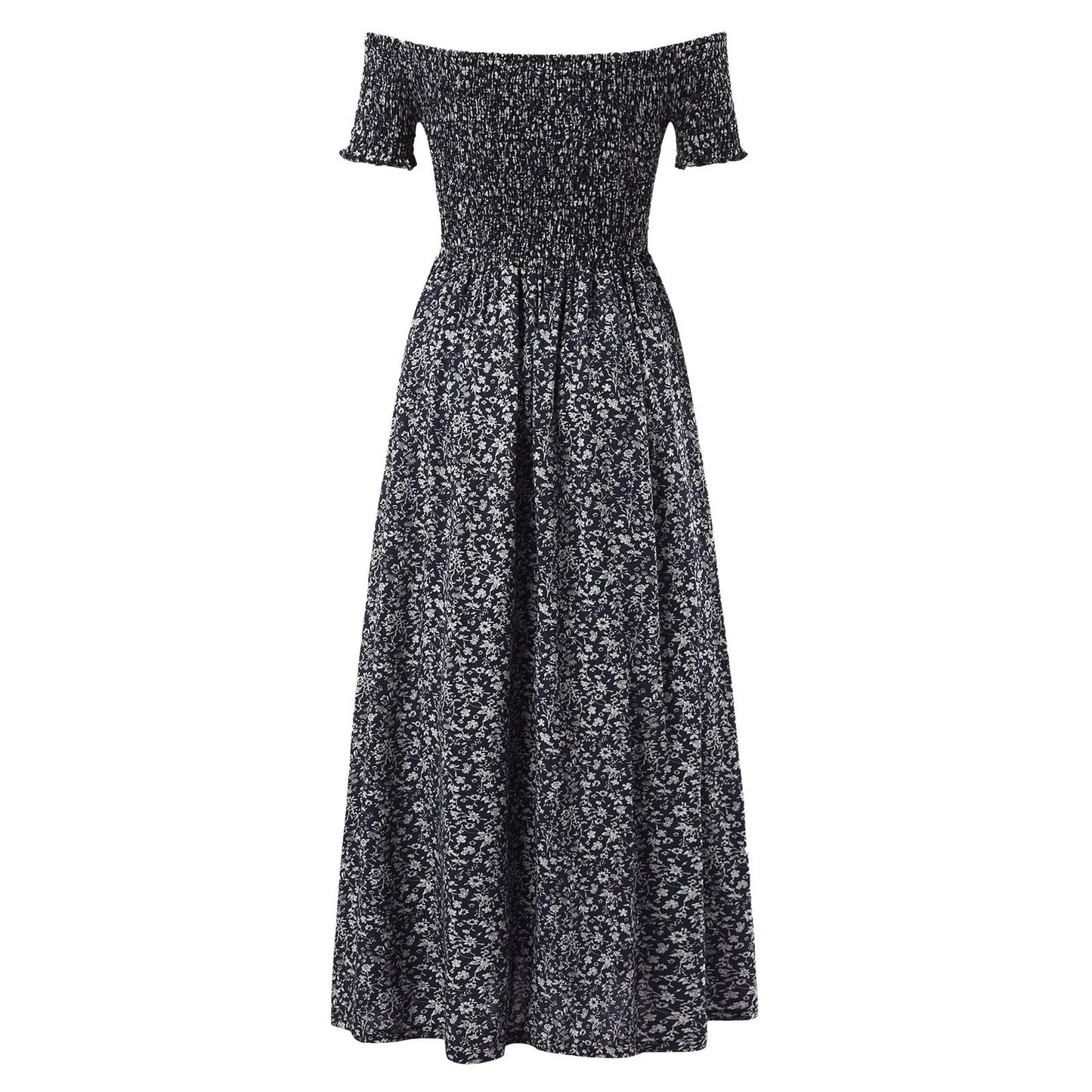 Off-Shoulder Boho Maxi Dress with Side Slit – Floral Print Summer Dress for Women
