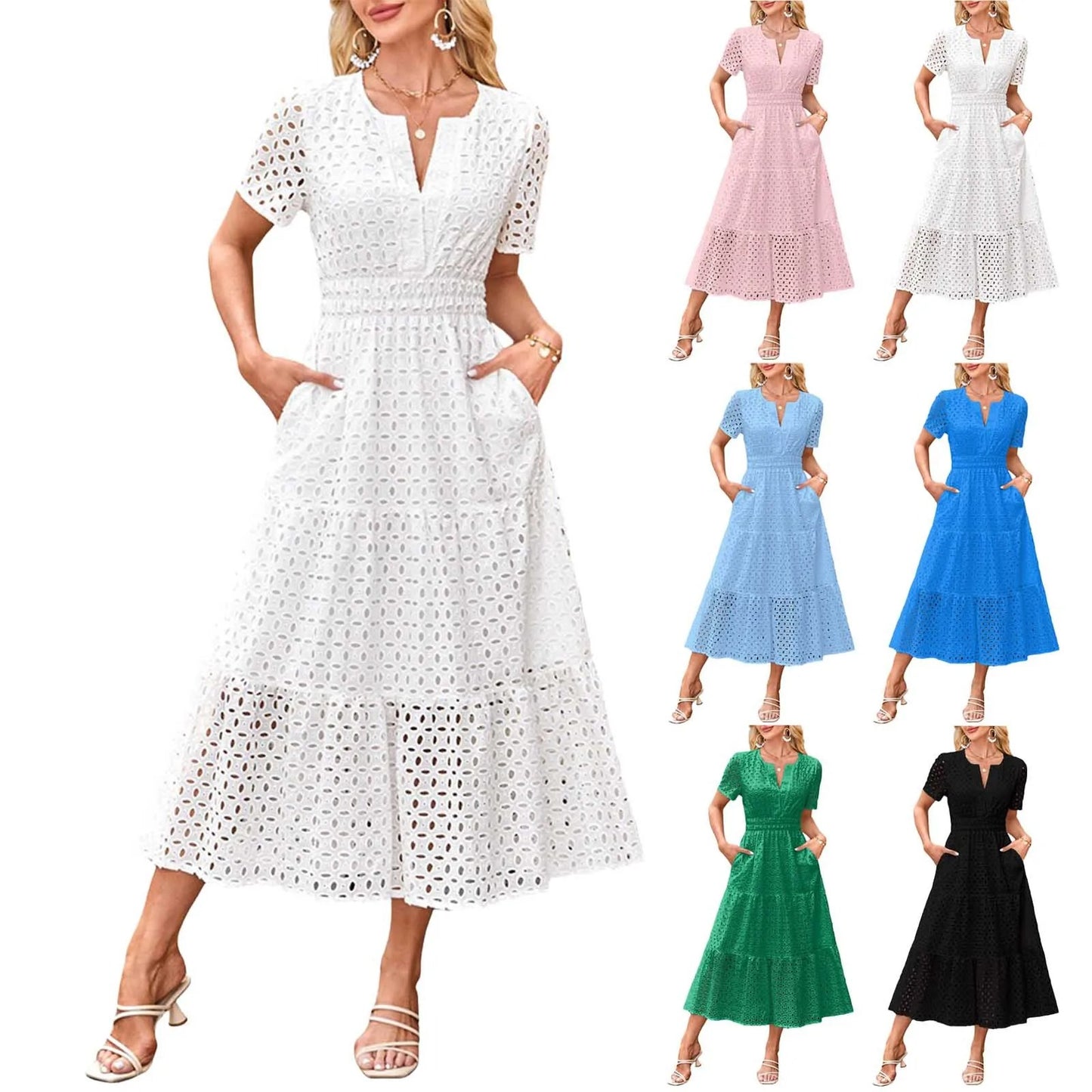 Blush Eyelet Lace Midi Dress with Pockets