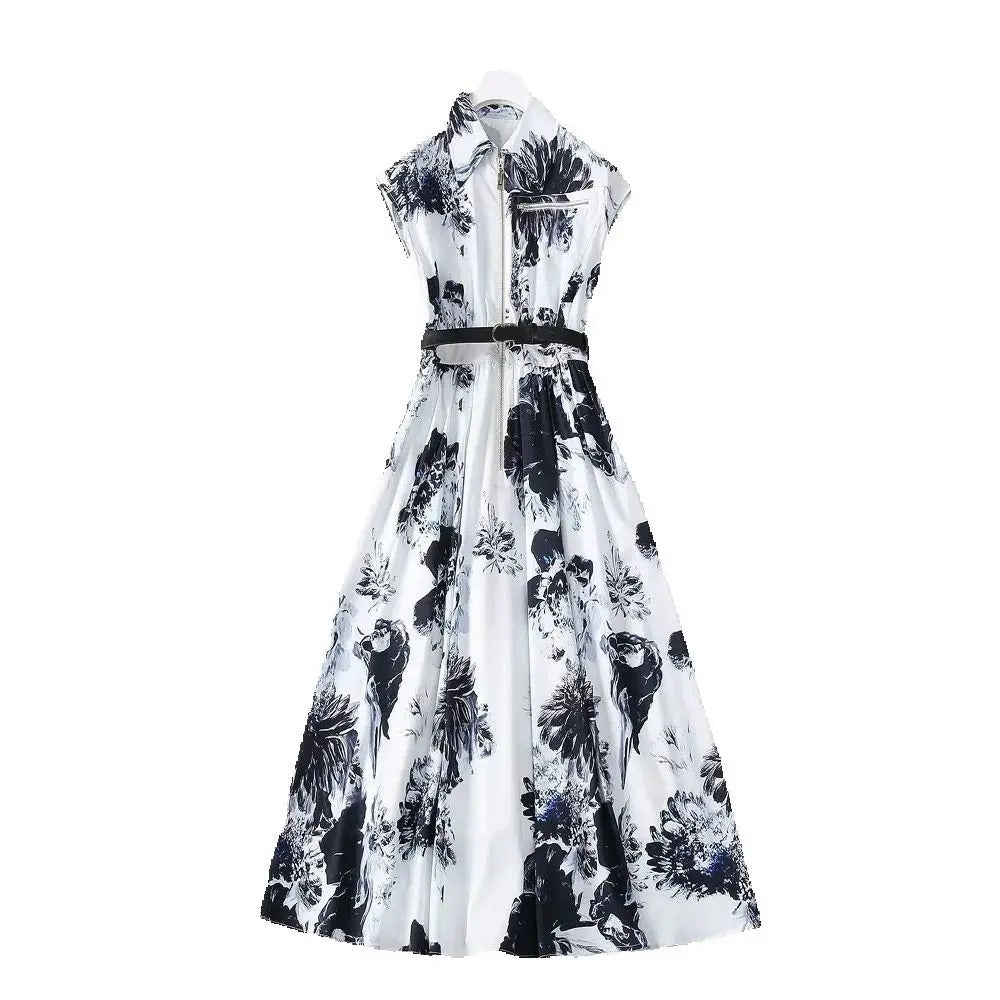 Midnight Blossom Belted Shirt Dress