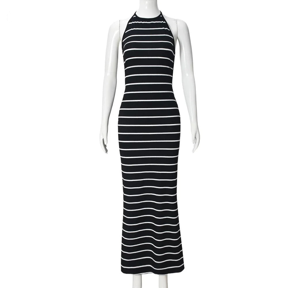 Black and White Striped Halter Neck Bodycon Maxi Dress β Sleeveless Slim Fit Evening