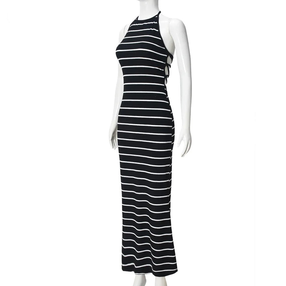 Black and White Striped Halter Neck Bodycon Maxi Dress β Sleeveless Slim Fit Evening