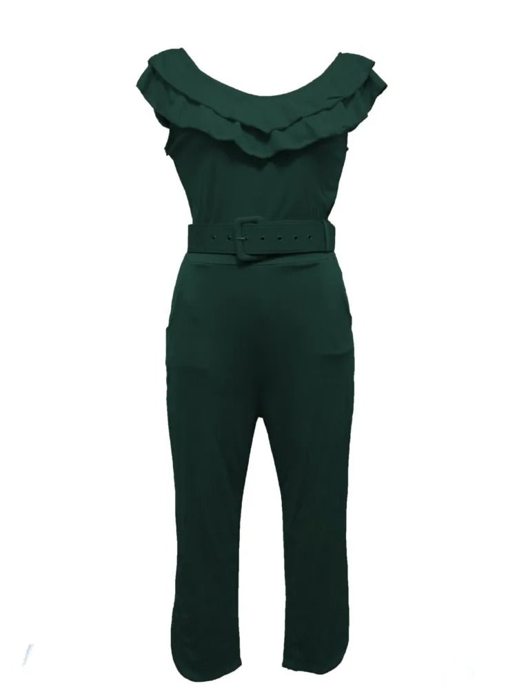 Chic Ruffle Neck Belted Jumpsuit