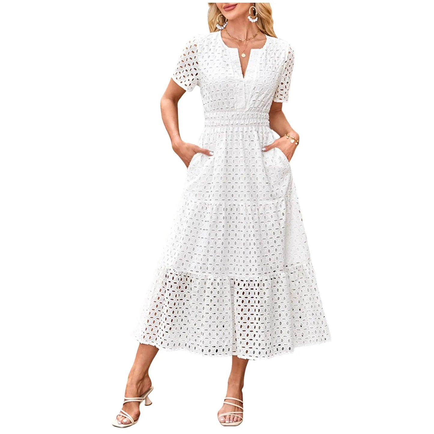 Blush Eyelet Lace Midi Dress with Pockets