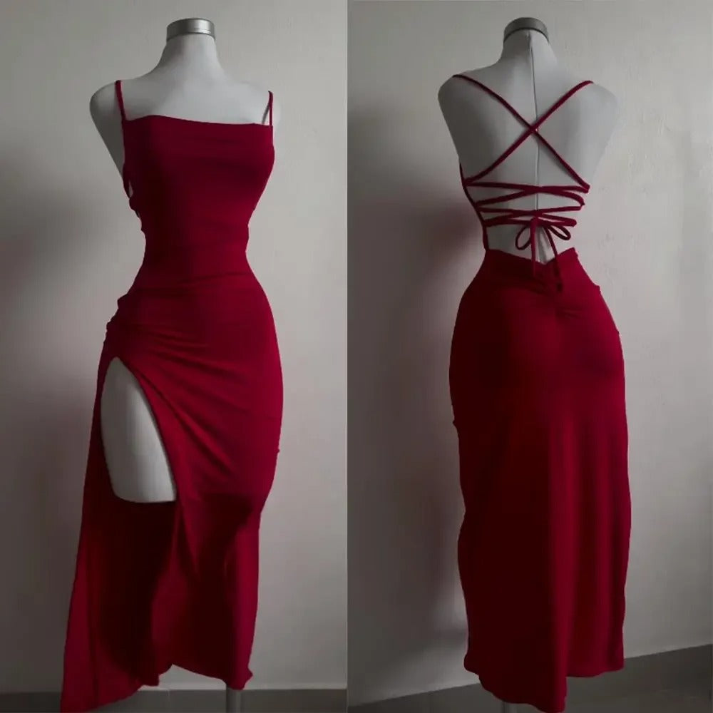 Crimson Seduction Backless Slit Dres