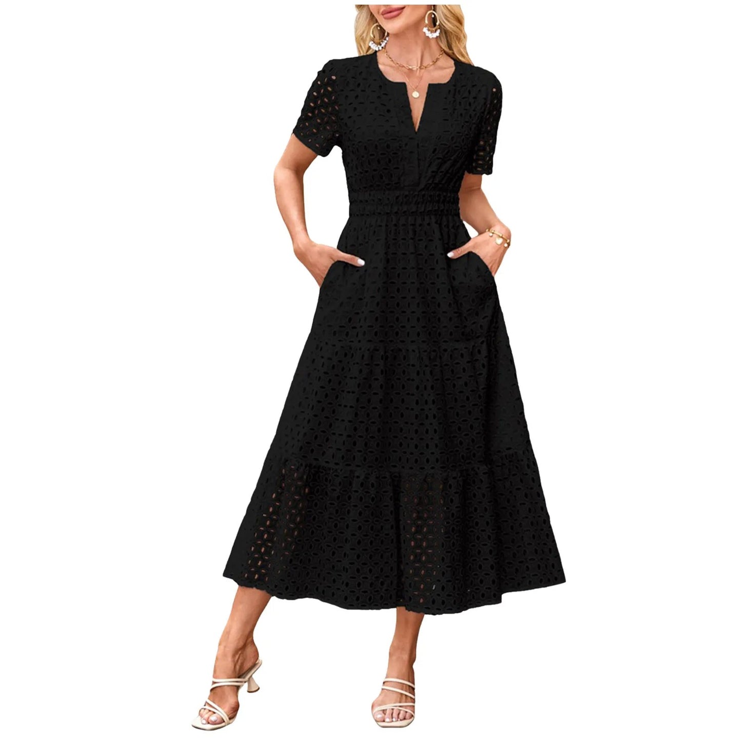 Blush Eyelet Lace Midi Dress with Pockets