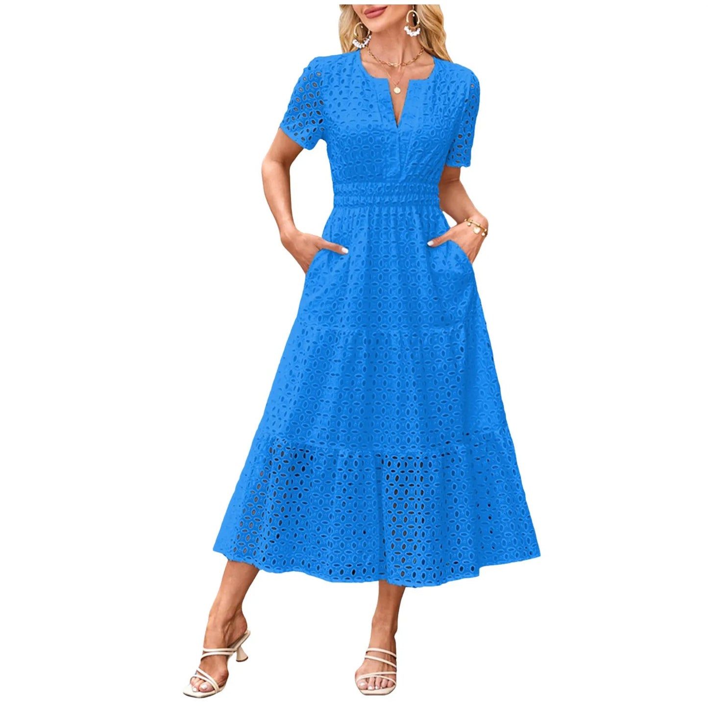 Blush Eyelet Lace Midi Dress with Pockets