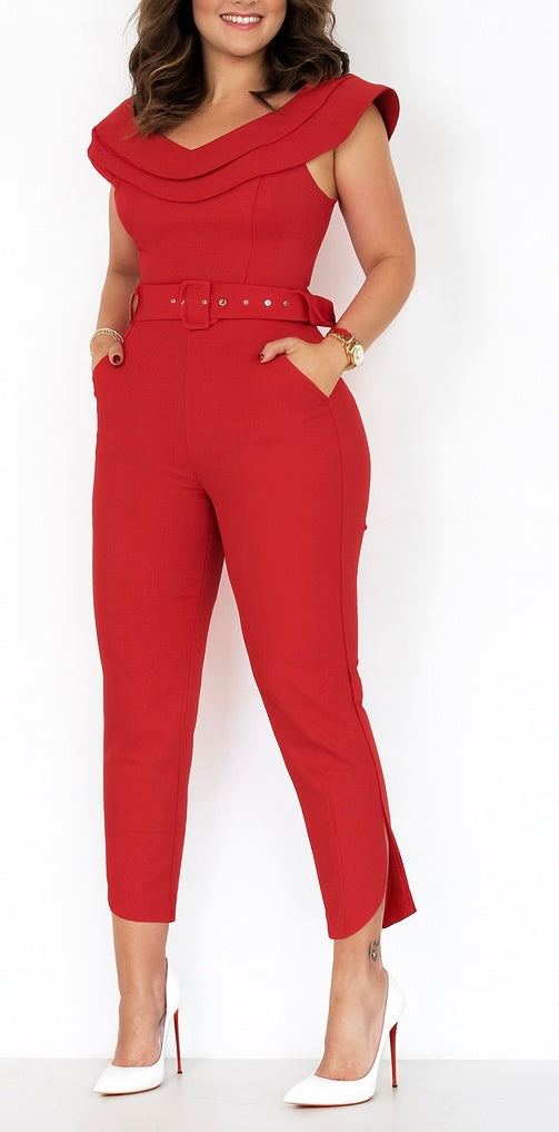 Chic Ruffle Neck Belted Jumpsuit