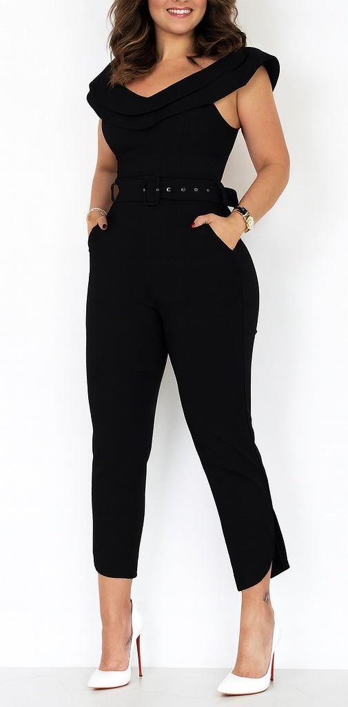 Chic Ruffle Neck Belted Jumpsuit