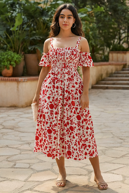 Summer Blossom Off-Shoulder Midi Dress