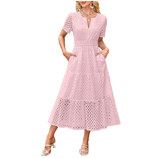 Blush Eyelet Lace Midi Dress with Pockets