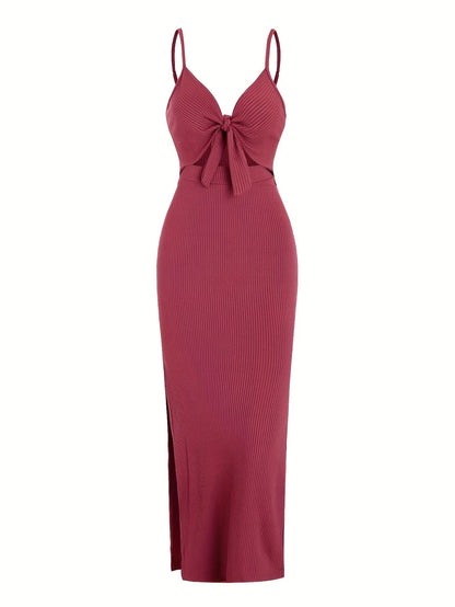 Chic Ribbed Bodycon Midi Dress with Front Knot and Side Slit