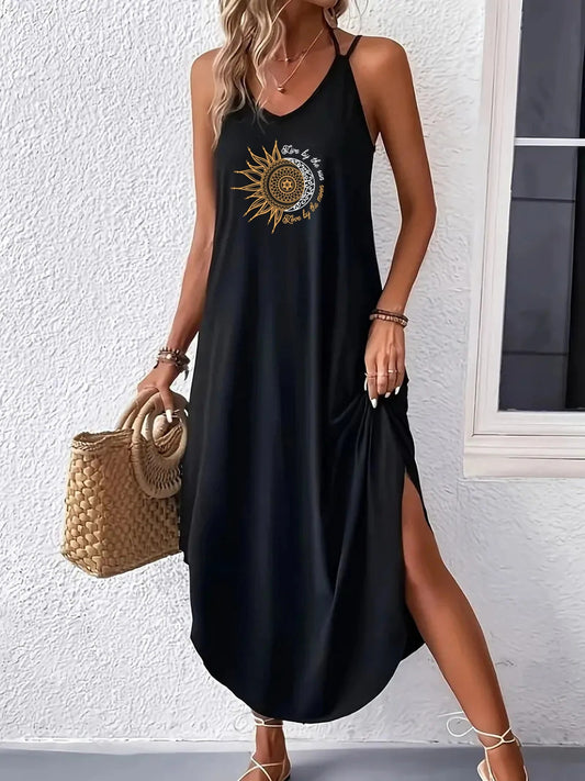 Boho Sun & Moon Halter Maxi Dress – Black