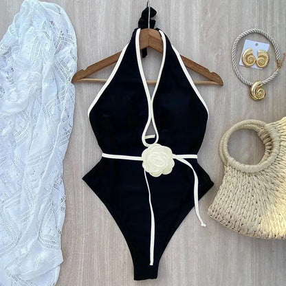 Midnight Bloom Halter One-Piece Swimsuit