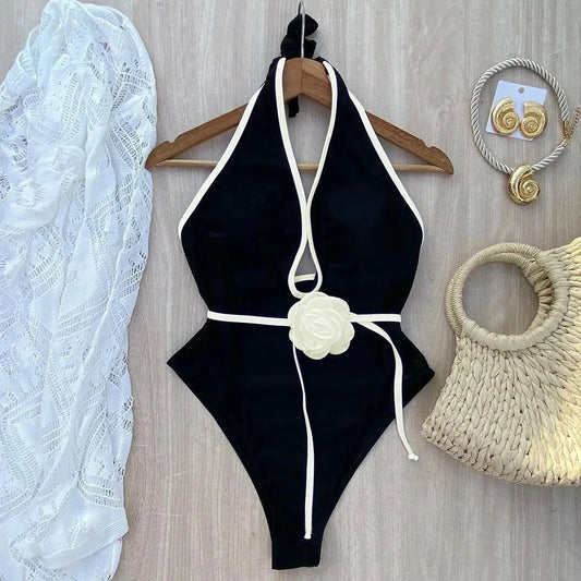 Midnight Bloom Halter One-Piece Swimsuit