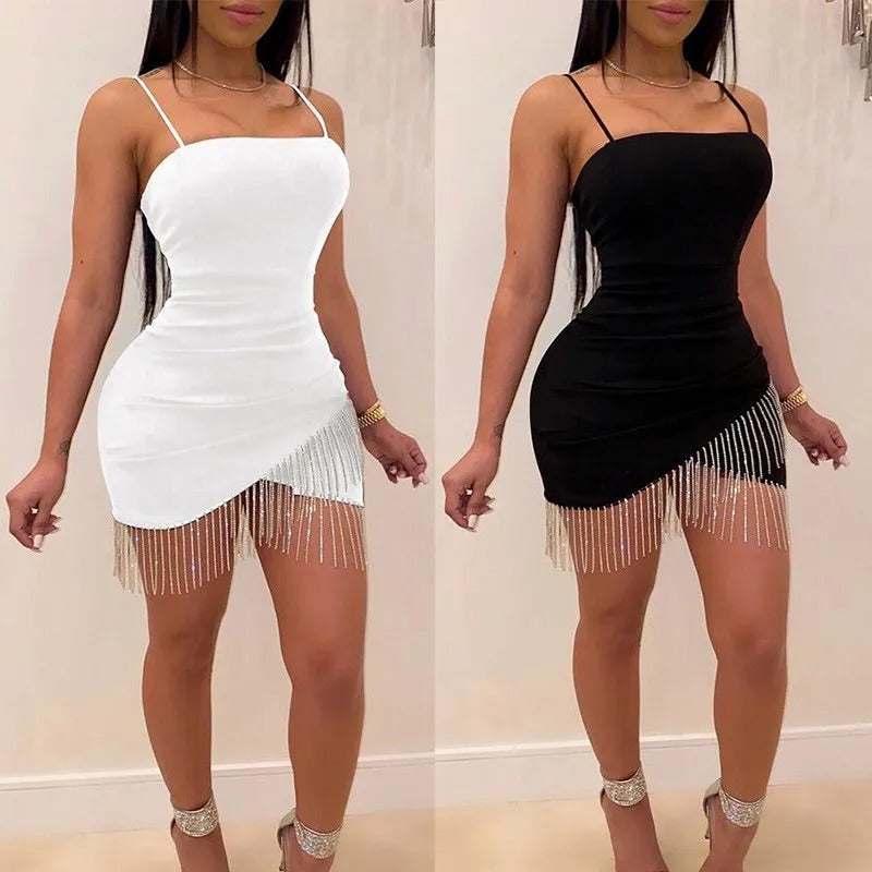 Black and White Crystal Fringe Bodycon Dress