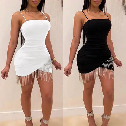 Black and White Crystal Fringe Bodycon Dress