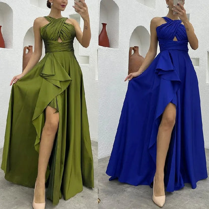 Royal Dress Cross-Halter Evening Gown with Ruffle Detail and High Slit