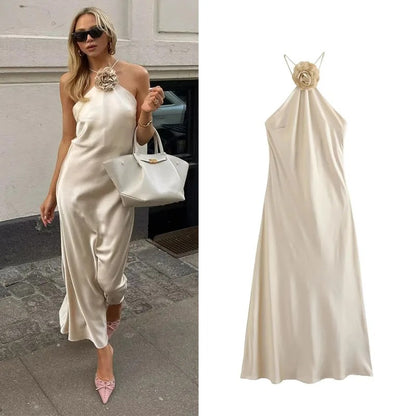 Timeless Ivory Satin Halter Gown with Romantic Rose Detail
