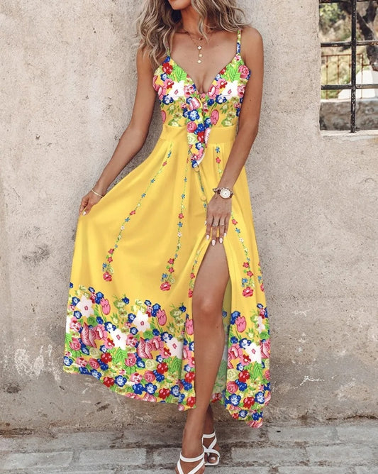 Vibrant Yellow Floral Maxi Dress with Front Tie and Side Slit– Perfect for Summer Day