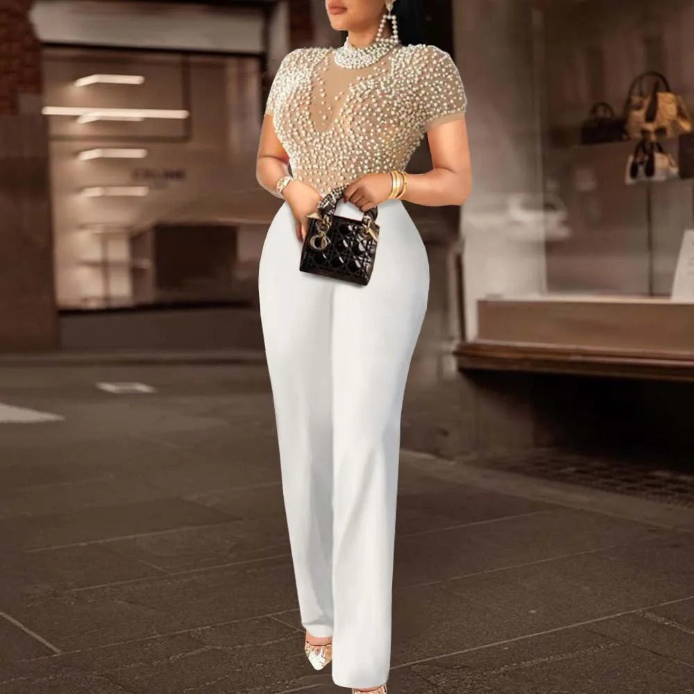 Pearl-Embellished Top & White Wide-Leg Pants