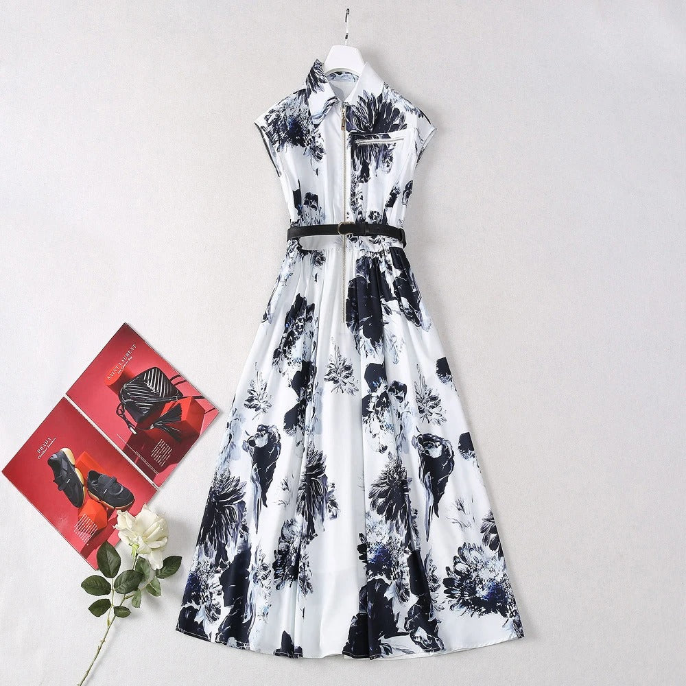 Midnight Blossom Belted Shirt Dress