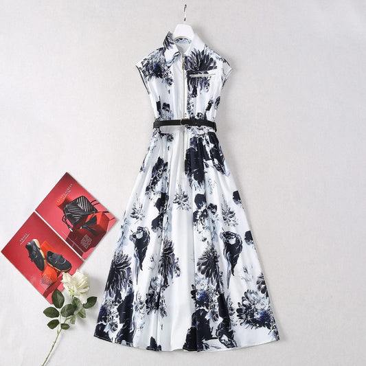 Midnight Blossom Belted Shirt Dress