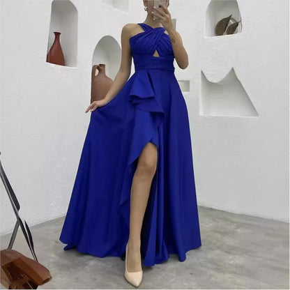 Royal Dress Cross-Halter Evening Gown with Ruffle Detail and High Slit