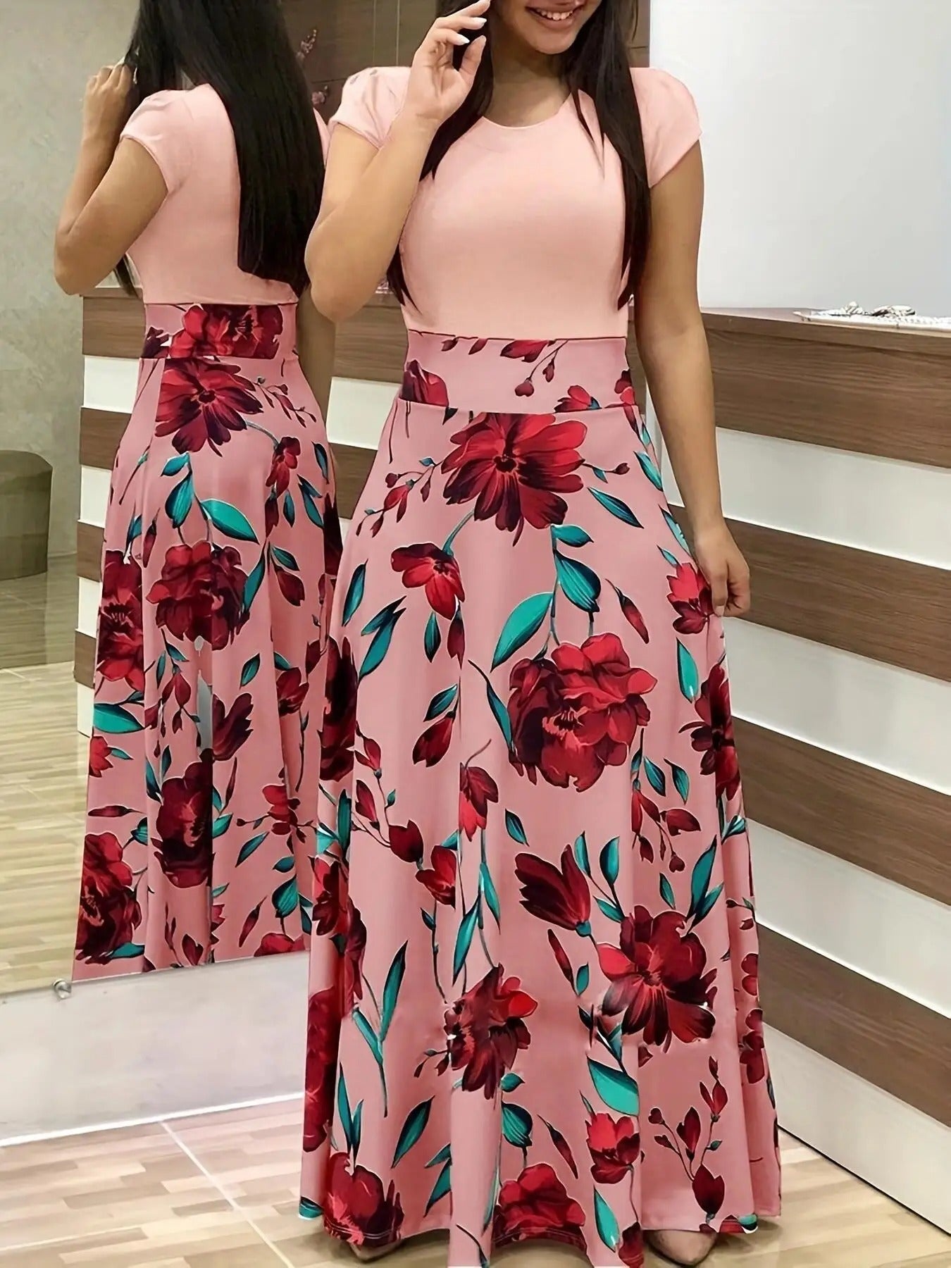 Graceful Pink and Red Floral Dress – Perfect for Summer Events