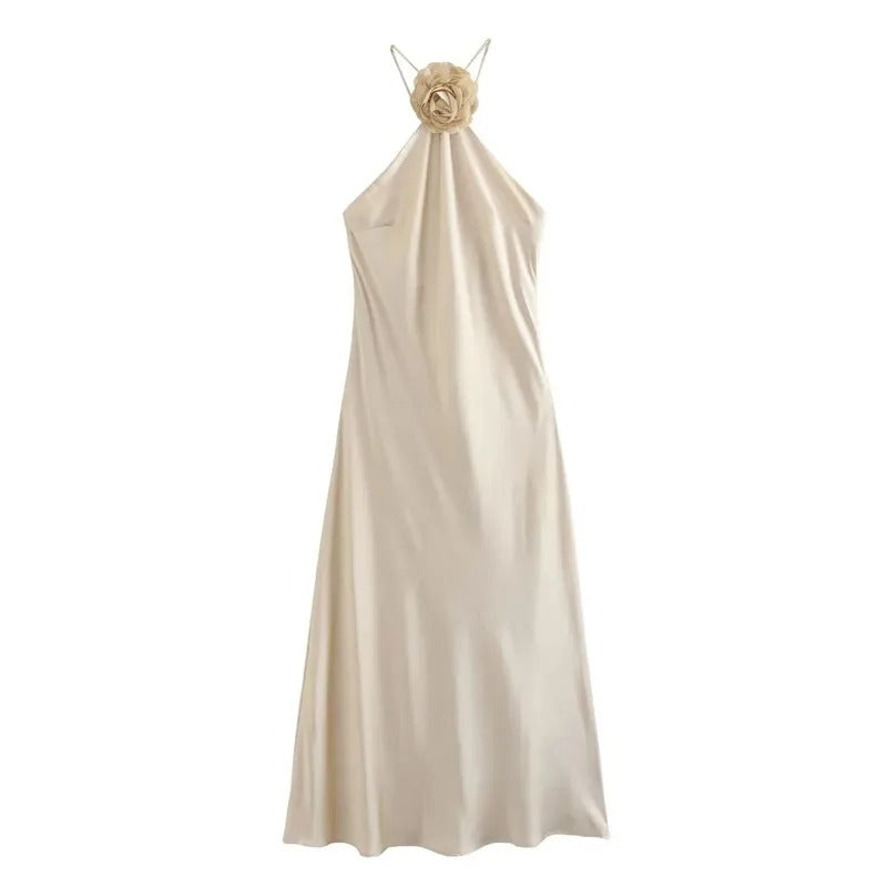 Timeless Ivory Satin Halter Gown with Romantic Rose Detail