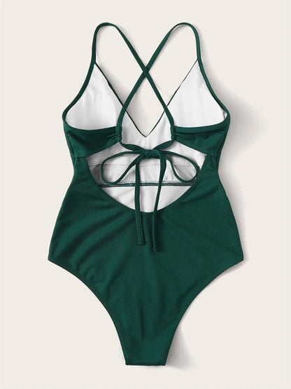 Emerald Elegance One-Piece Swimsuit – Deep V Crisscross
