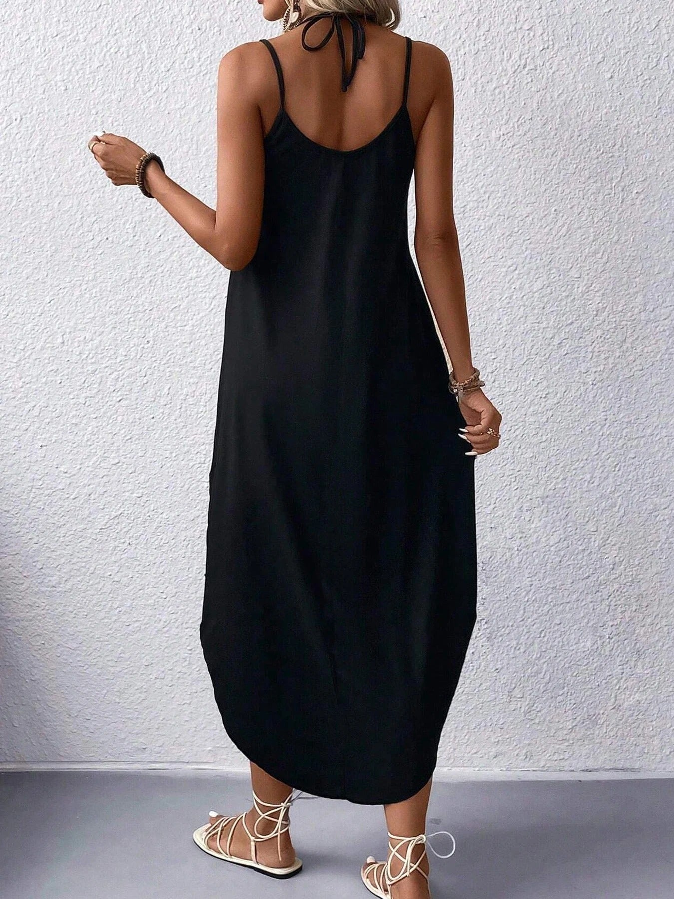Boho Sun & Moon Halter Maxi Dress – Black