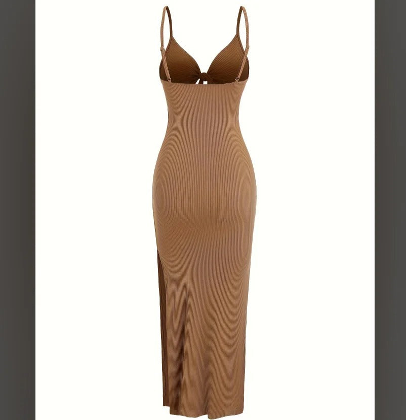 Chic Ribbed Bodycon Midi Dress with Front Knot and Side Slit