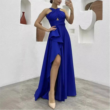 Royal Dress Cross-Halter Evening Gown with Ruffle Detail and High Slit