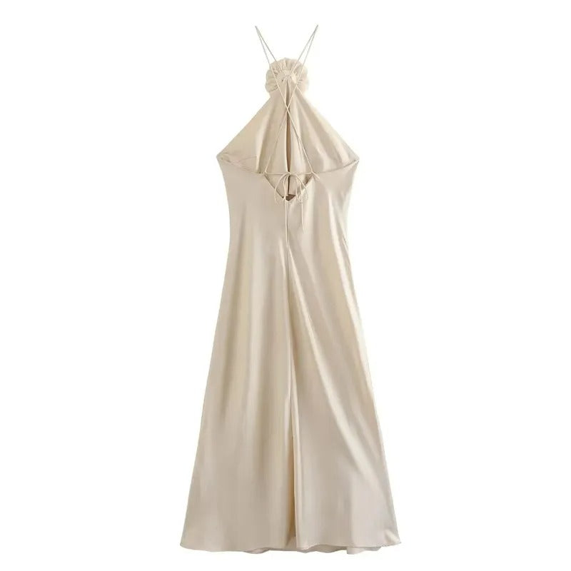 Timeless Ivory Satin Halter Gown with Romantic Rose Detail