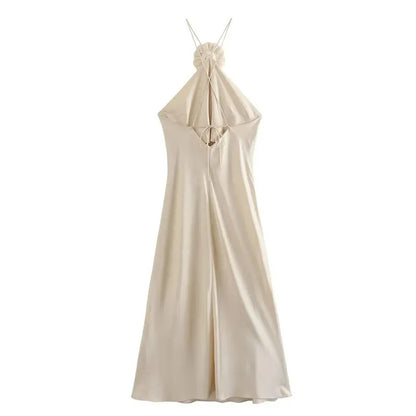 Timeless Ivory Satin Halter Gown with Romantic Rose Detail